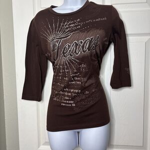 Lady Noir Small Texas Rhinestone Brown 3/4 Sleeve Western Tee Y2K Cowgirl Top